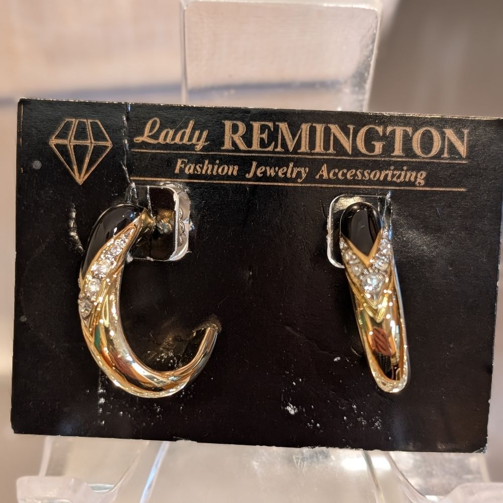 Lady Remington Gold-Tone Enameled Rhinestone Half Hoop Earrings NWOT